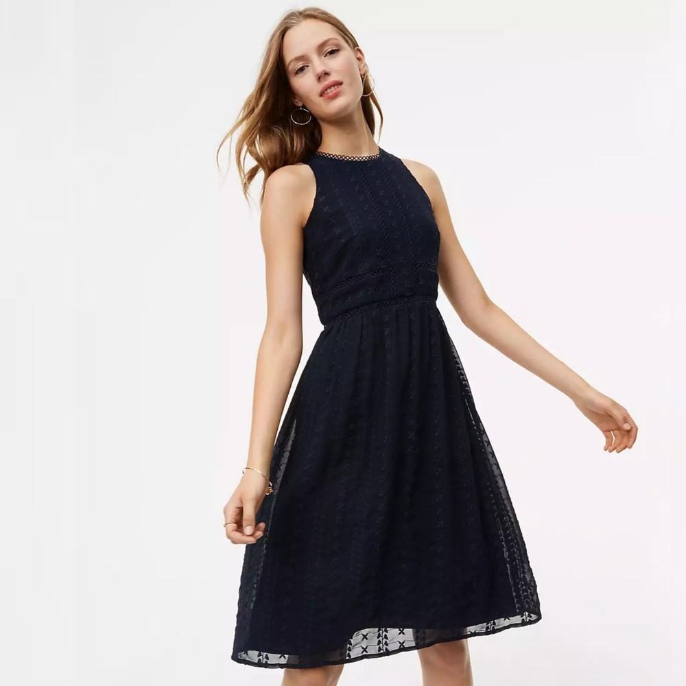 NWOT Loft Navy Circle Lace Embroidered Flare Dress - Size 0